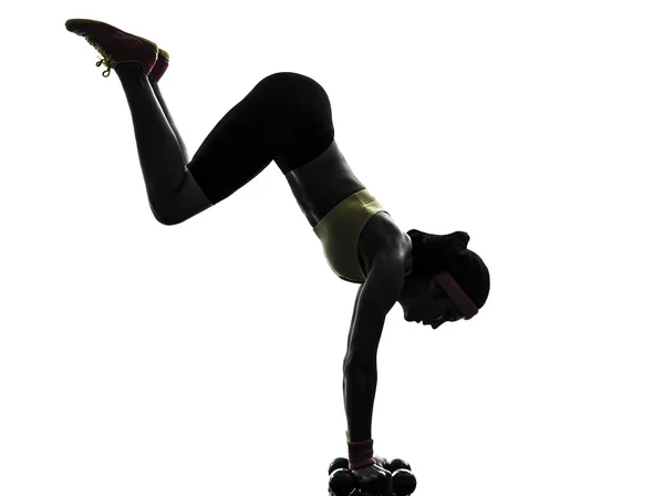 Woman exercising fitness workout handstand  silhouette — Stock Photo, Image