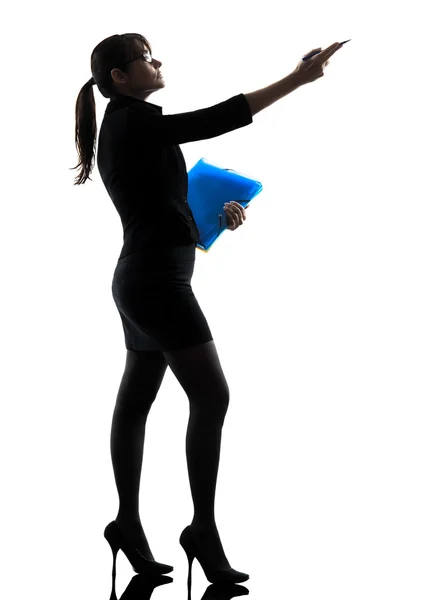 Business woman showing pointing  holding folders files silhouett — Stock Photo, Image