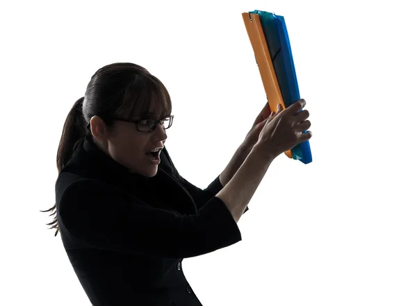 Business woman  shielding behind  folders files — Stock Photo, Image
