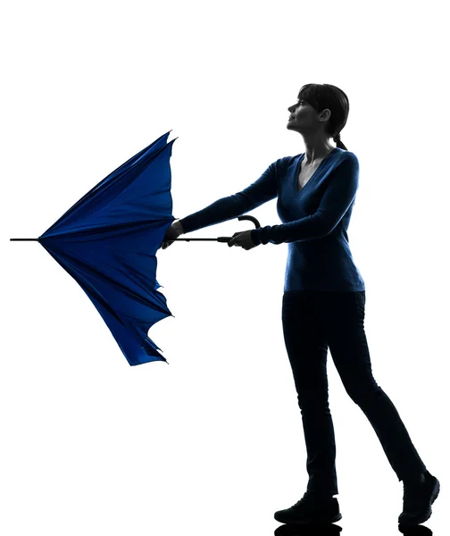 Woman opening closing umbrella — Stock Photo, Image