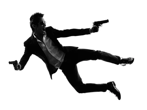 Asiatico gunman killer jumping tiro silhouette — Foto Stock