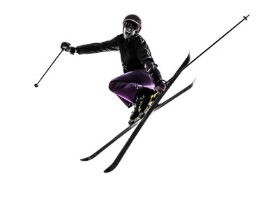 one woman skier skiing jumping silhouette clipart