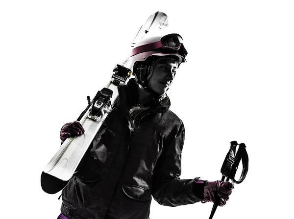 Jedna kobieta narciarz portret sylwetka — Zdjęcie stockowe