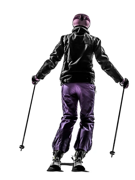 One woman skier skiing silhouette rear view — Stock Photo, Image