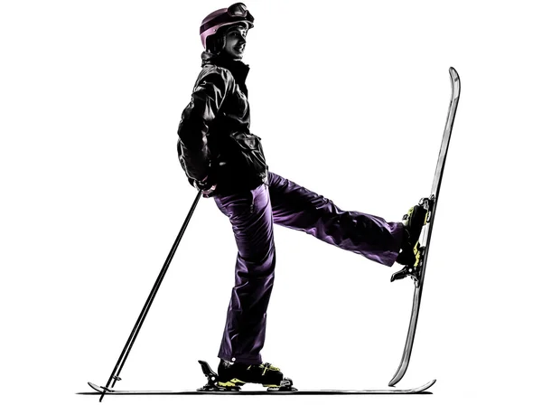 Satu wanita pemain ski beristirahat siluet Stok Gambar Bebas Royalti
