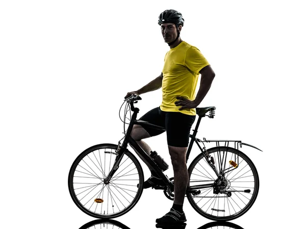 Muž cyklistika horská kola stojí silueta — Stock fotografie