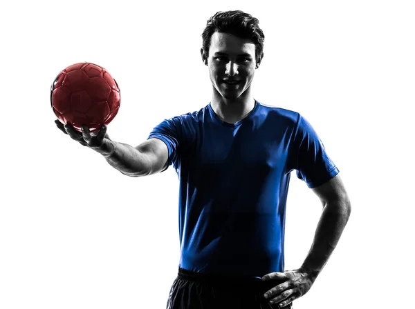 Young man exercising handball player silhouette — Stock Photo, Image