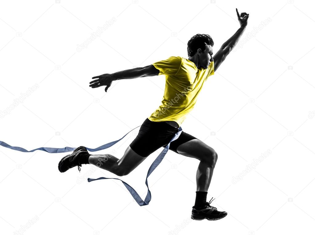 young man sprinter runner running winner finish line silhouette