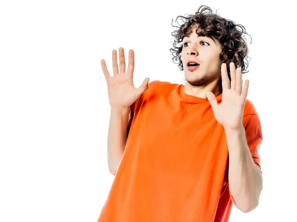 Jovem gesticulando surpreso medo medo retrato — Fotografia de Stock