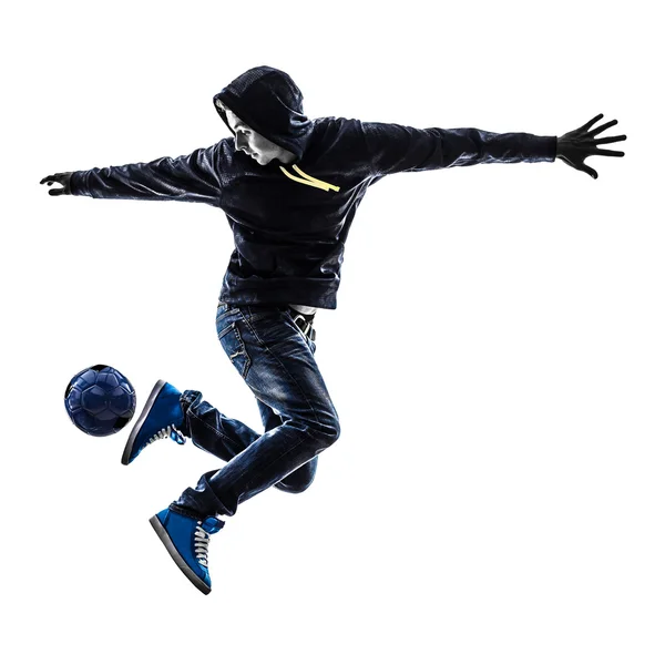 Jovem homem futebol freestyler jogador silhueta — Fotografia de Stock