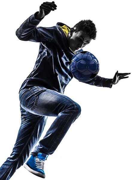 Young man soccer freestyler player silhouette — Stock Photo, Image