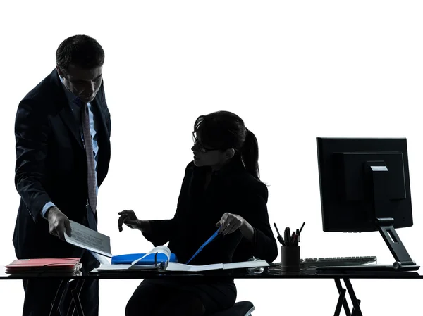 Busy smiling business woman man couple silhouette — Stock Photo, Image