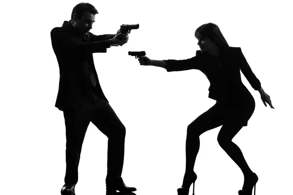 Couple woman man detective secret agent criminal  silhouette — Stock Photo, Image