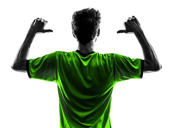 Rear view portrait soccer football player young man pointing  si — Stock Photo, Image