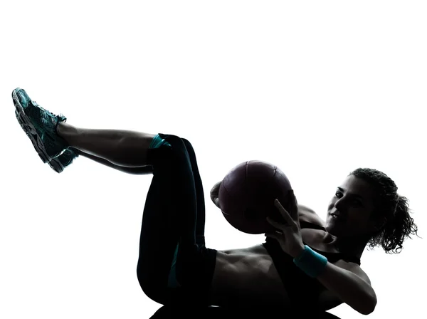 Woman exercising fitness ball workout   silhouette — Stock Photo, Image