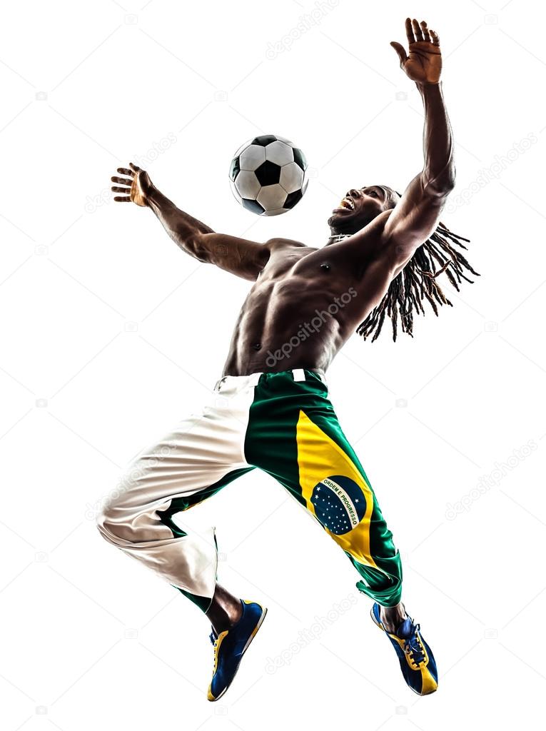 Brazilian  black man soccer player juggling football silhouette