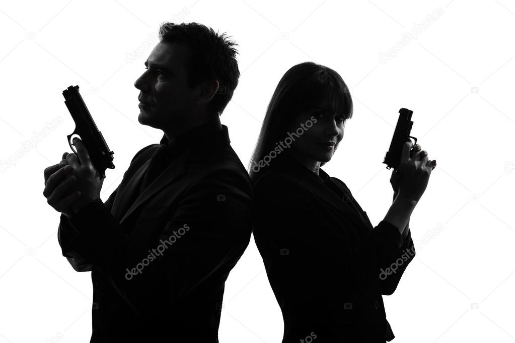 couple woman man detective secret agent criminal  silhouette