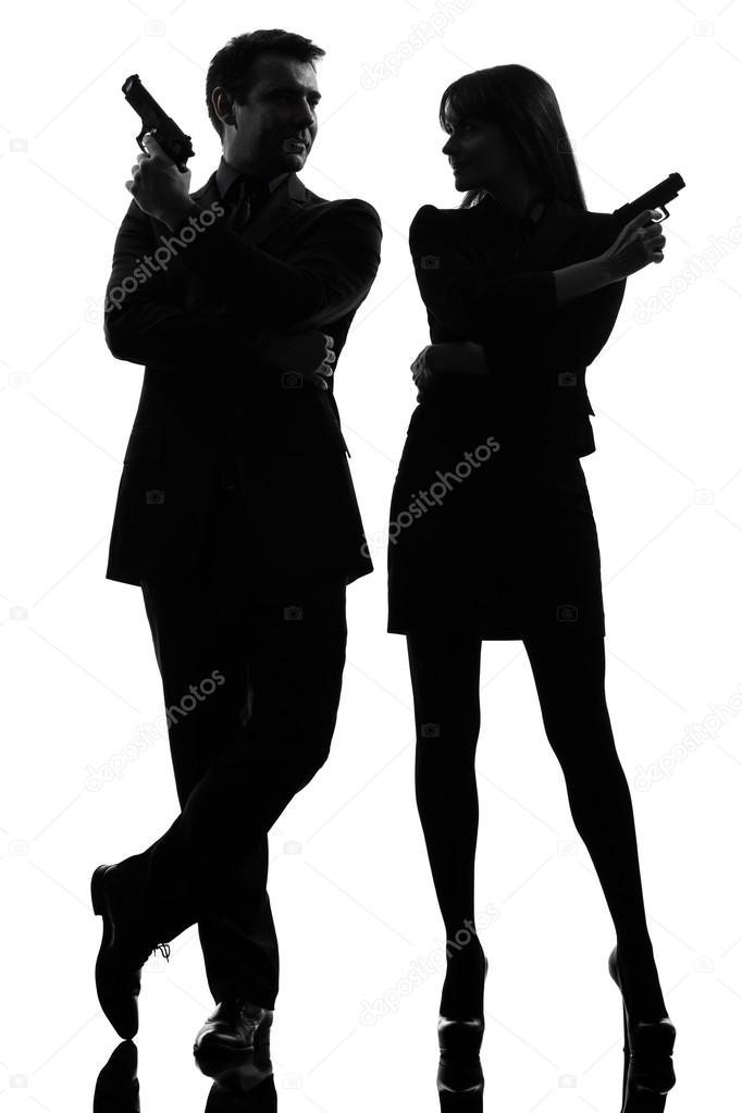 couple woman man detective secret agent criminal  silhouette