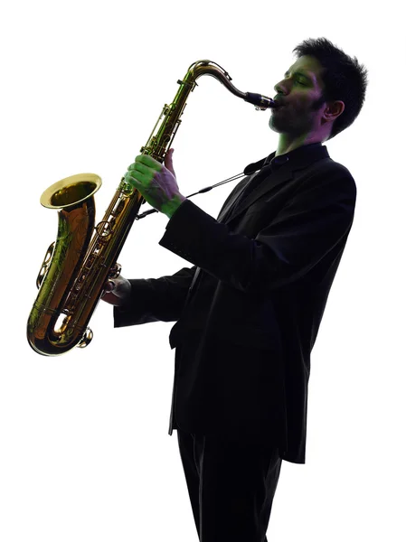 Mann Saxofonist spielt Saxophonspieler Silhouette — Stockfoto