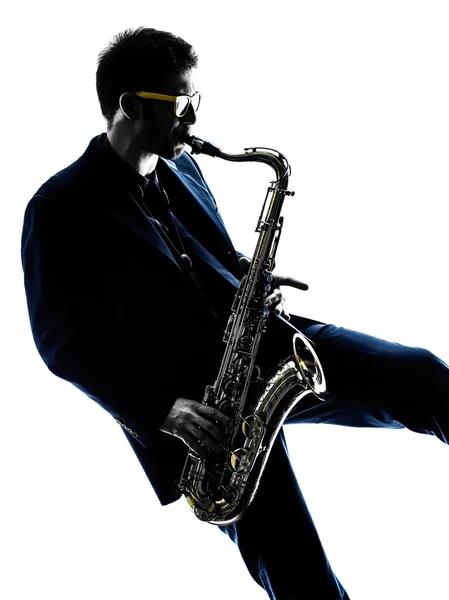 Mann Saxofonist spielt Saxophonspieler Silhouette — Stockfoto