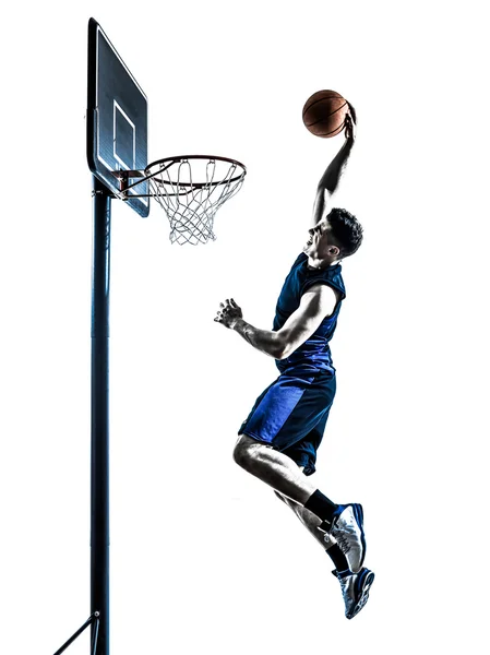 Caucásico hombre baloncesto jugador saltar dunking silueta —  Fotos de Stock