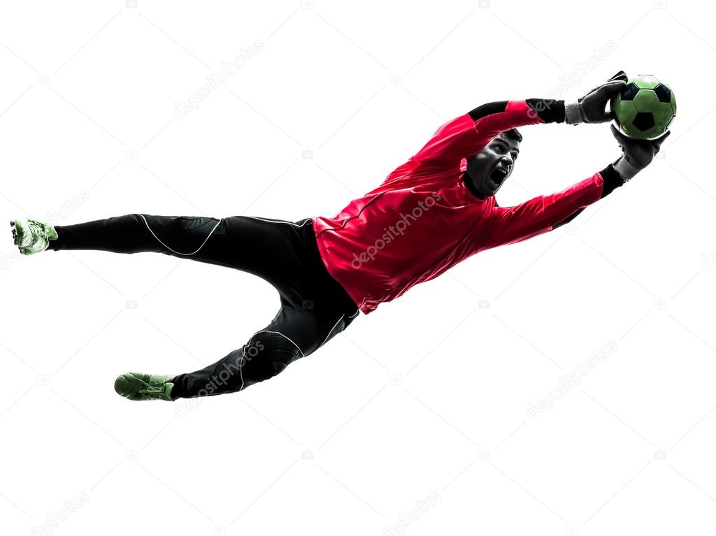 caucasian soccer player goalkeeper man catching ball silhouette