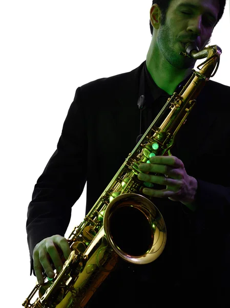 Hombre saxofonista tocando saxofón jugador silueta —  Fotos de Stock