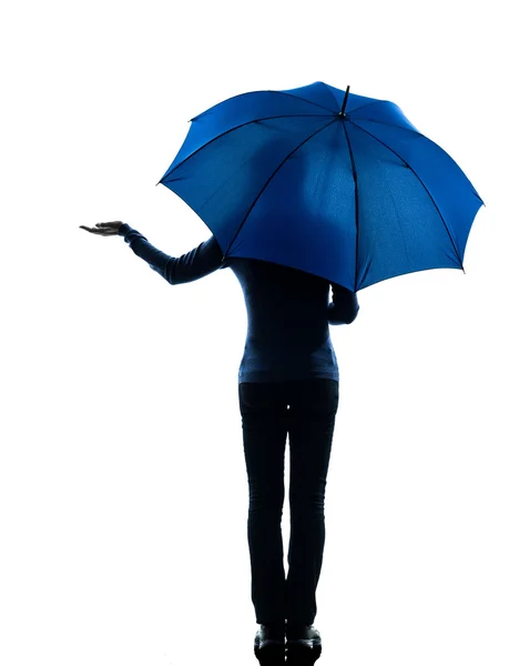 Woman rear view holding umbrella palm gesture silhouette — Stock Photo, Image