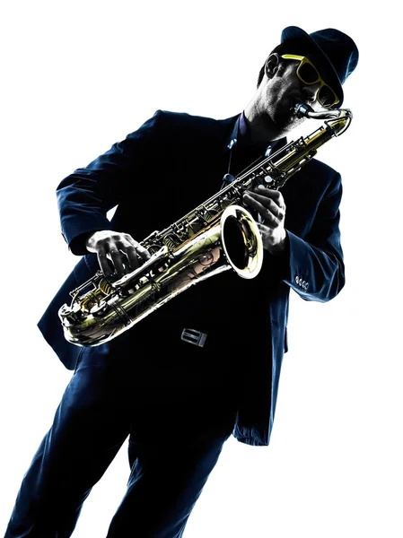 Hombre saxofonista tocando saxofón jugador silueta — Foto de Stock