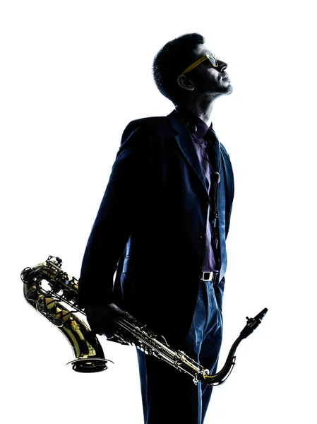 Mann Saxofonist spielt Saxophonspieler Silhouette — Stockfoto