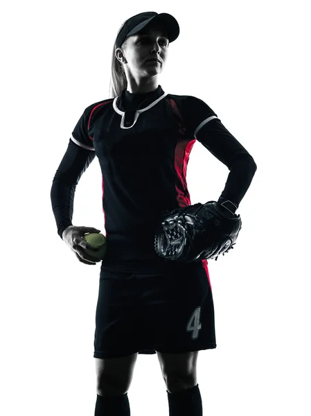 Kvinnan spela softball, spelare siluett — Stockfoto