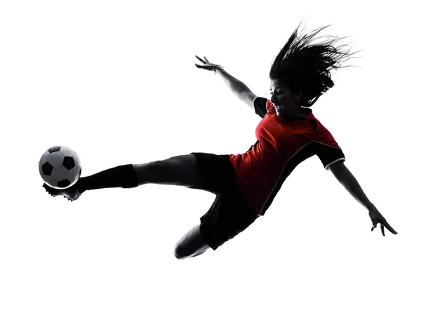 Kobieta piłka nożna gracz na białym tle sylwetka — Zdjęcie stockowe