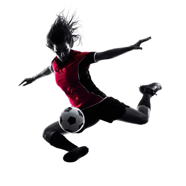 Kobieta piłka nożna gracz na białym tle sylwetka — Zdjęcie stockowe
