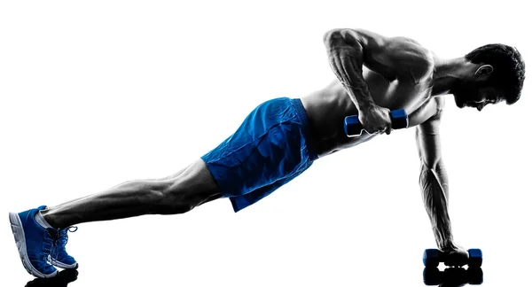 Άνθρωπος άσκηση γυμναστήριο σανίδα θέση ασκήσεις σιλουέτα — Φωτογραφία Αρχείου