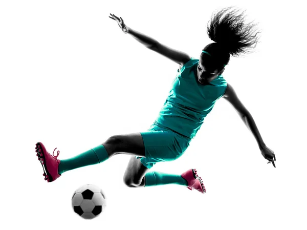 Nastolatka dziewczyny dziecko piłka nożna gracz na białym tle sylwetka — Zdjęcie stockowe