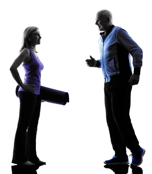 Couple senior fitness exercises silhouette — Stock Photo, Image