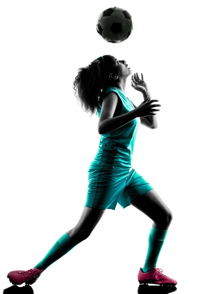 Nastolatka dziewczyny dziecko piłka nożna gracz na białym tle sylwetka — Zdjęcie stockowe