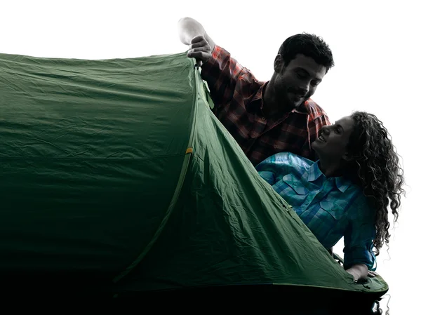 Paar trekker trekking camping tent aard silhouet — Stockfoto