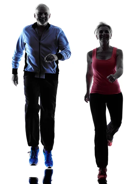 Couple senior fitness exercises silhouette — Stock Photo, Image
