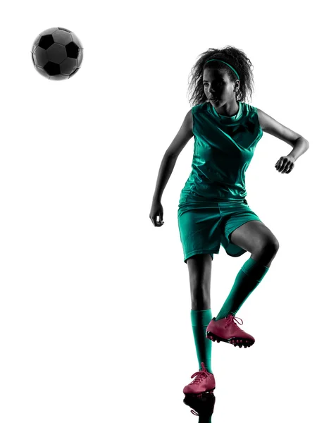 Dospívající dívka dítě fotbal hráče izolované silueta — Stock fotografie