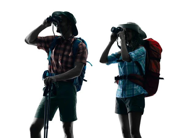 Couple trekker trekking nature silhouette Photographing — Stock Photo, Image