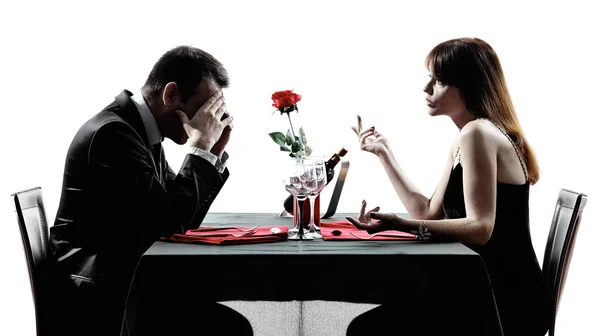 Couples lovers dating dinner  dispute separation silhouettes — Stock Photo, Image