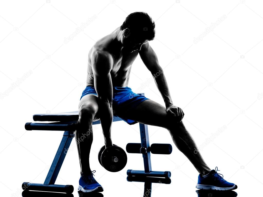 man exercising fitness weights Bench Press exercises silhouette