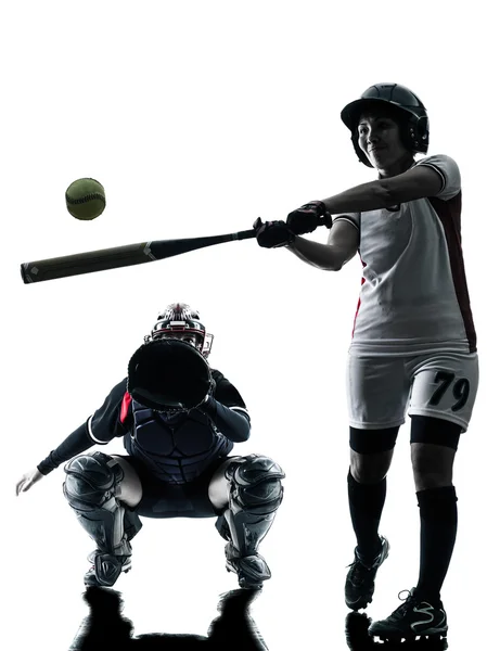 Donne che giocano softball giocatori silhouette isolato — Foto Stock