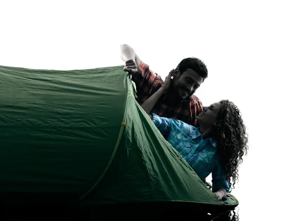 Couple trekker camping tent nature silhouette — Stock Photo, Image
