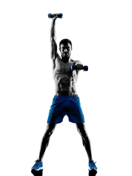 Muž cvičení fitness činky silueta — Stock fotografie