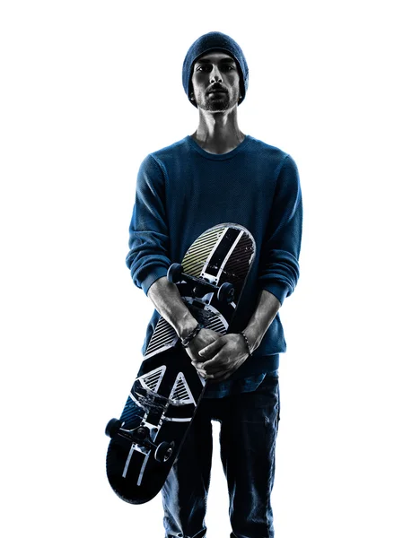 Man skateboardåkare skateboarding porträtt siluett — Stockfoto