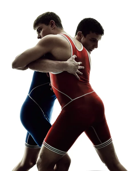 Erkekler izole siluet güreş güreşçiler — Stok fotoğraf