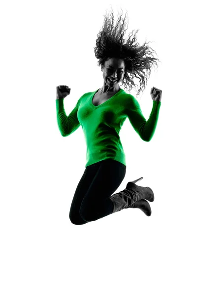 Silueta ženy, samostatný, jumping šťastný — Stock fotografie