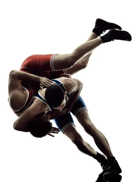 Wrestlers wrestling men isolated silhouette — Stock Photo, Image